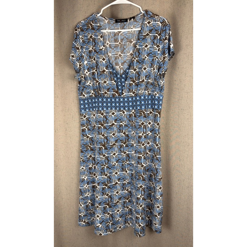 Axcess Dress Sz Large Blue Brown Geometric V-Neck Empire Waist Excellent